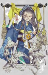  alice's_adventures_in_wonderland alice_(alice_in_wonderland) animal_on_shoulder animal_skeleton black_hair blue_eyes blue_kimono bow card_(medium) check_commentary clip_studio_paint_(medium) closed_mouth commentary_request floral_print floral_print_kimono grey_background hand_up highres japanese_clothes keyhole kimono layered_kimono lips long_hair looking_at_viewer mushroom nail_polish obi origami paper_rabbit pink_nails playing_card_(medium) print_kimono rabbit rabbit_on_shoulder sash short_bangs tassel themed_playing_card waist_bow white_rabbit_(alice_in_wonderland) wide_sleeves yue_(memento1113) 