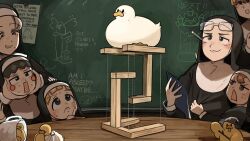  6+girls :3 absurdres architect_nun_(diva) baby_animal bird black_hair blonde_hair blue_eyes blush_stickers brown_eyes brown_hair chalkboard chicken clumsy_nun_(diva) commentary cup diva_(hyxpk) duck duckling english_commentary english_text eyewear_on_head froggy_nun_(diva) glasses grey_hair hat highres little_nuns_(diva) mini_hat mole mole_under_mouth mug multiple_girls nun pencil_behind_ear rectangular_mouth shy_nun_(diva) smug_nun_(diva) square_nun_(diva) tensegrity traditional_nun triangle_mouth 