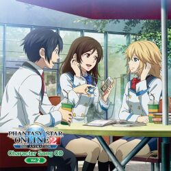  1boy 2girls album_cover anime_coloring beach_umbrella black_hair black_pants black_sailor_collar black_socks blonde_hair blue_bow blue_bowtie blue_skirt book book_stack bow bowtie braid brown_hair buttons cellphone chair collarbone cover cowboy_shot cup day double-breasted dress earphones grass green_eyes holding holding_cup holding_phone izumi_rina jacket juice kneehighs lapels light_smile long_sleeves looking_at_another medium_hair miniskirt multiple_girls necktie official_art on_chair open_book open_mouth outdoors pants phantasy_star phantasy_star_online_2 phantasy_star_online_2_the_animation phone pink_eyes profile red_bow red_bowtie red_necktie sailor_collar school_uniform second-party_source shared_earphones shirt short_hair sideways_glance sitting skirt sleeve_cuffs smile socks suzuki_aika table tachibana_itsuki_(pso2ta) twin_braids umbrella white_jacket white_shirt 
