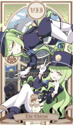  2girls armband artist_name blue_archive blue_armband blue_hat blue_jacket blue_shorts blue_skirt buttons card_(medium) commentary demon_tail double-breasted earrings english_text gloves goanchor green_hair green_halo halo hat highlander_railway_academy_logo highres hikari_(blue_archive) jacket jewelry long_hair long_sleeves looking_at_viewer multiple_girls nozomi_(blue_archive) one_eye_closed pantyhose peaked_cap pointy_ears roman_numeral shorts shuppo_(blue_archive) siblings single_earring sisters skirt tail tarot tarot_(medium) the_chariot_(tarot) train train_conductor twins twintails twitter_username v very_long_hair white_gloves white_pantyhose yellow_eyes 
