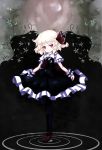  1girl ascot black_legwear blonde_hair cocozasa crescent darkness hair_ribbon highres looking_at_viewer pantyhose puffy_sleeves red_eyes ribbon rumia shirt short_hair short_sleeves skirt skirt_set smile solo standing_on_one_leg touhou vest vines waves wrist_cuffs 