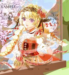  1girl absurdres apron black_bow black_hairband blonde_hair blue_sky bow braid chinese_commentary choker colored_eyelashes commentary_request commission country_lolita cowboy_shot cross-laced_vest day eyelashes flower frilled_shirt frilled_sleeves frills goose's_delight_(shining_nikki) hair_bow hair_flower hair_intakes hair_ornament hairband happy highres light_blush lolita_fashion long_hair looking_ahead low_twin_braids nikki_(series) open_mouth outdoors plaid_bow puffy_short_sleeves puffy_sleeves red_bow red_choker red_flower red_rose red_skirt red_vest rose sample_watermark shining_nikki shirt short_sleeves skirt sky smile solo sparkle standing suisui61033 teeth tree twin_braids upper_teeth_only very_long_hair vest waist_apron waist_bow watermark white_flower white_shirt yellow_apron yellow_flower 