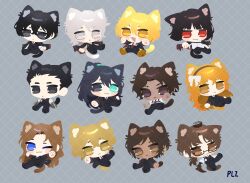  6+boys 6+girls animal_ears aqua_eyes black_eyes black_hair blue_eyes brown_hair bug cat_ears cat_tail chibi cockroach commentary don_quixote_(project_moon) faust_(project_moon) glasses green_eyes gregor's_cockroach_(project_moon) gregor_(project_moon) grey_background heathcliff_(project_moon) heterochromia hong_lu_(project_moon) ishmael_(project_moon) limbus_company long_hair meursault_(project_moon) multiple_boys multiple_girls orange_hair outis_(project_moon) plz_wpqkfdy project_moon red_eyes rodion_(project_moon) ryoshu_(project_moon) simple_background sinclair_(project_moon) tail untranslatable_commentary very_long_hair violet_eyes white_hair yi_sang_(project_moon) 