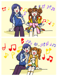  2girls ahoge back_bow blue_hair blunt_bangs blush bow brown_hair closed_eyes collared_shirt commentary double_bun hair_bun hands_clasped_in_delight hidero_(hidero1) hood hoodie idolmaster imadake_dabuchi_tabemi imadake_tsukimi_tabemi kisaragi_chihaya kneehighs mcdonald's multiple_girls musical_note open_mouth orange_hair pants shirt short_sleeves singing sitting socks striped_clothes striped_pants sweatdrop sweater_vest swept_bangs takatsuki_yayoi twintails untranslatable_commentary waist_bow yellow_background 