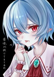  1girl absurdres alt_text ascot bat_wings blood blood_from_mouth blue_hair brooch collared_shirt commentary_request frilled_shirt_collar frilled_wrist_cuffs frills handkerchief highres holding holding_handkerchief jewelry looking_at_viewer missing_headwear pink_shirt pointy_ears red_ascot red_eyes red_wrist_cuffs remilia_scarlet sanagi2naritai4 shirt solo tongue tongue_out touhou translation_request upper_body wings wrist_cuffs 