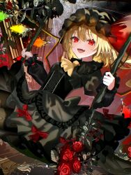  1girl :d alternate_costume ascot black_corset black_dress black_hat blonde_hair commentary_request corset crystal crystal_wings dress fang flandre_scarlet flower frills hat hat_ribbon highres long_hair long_sleeves looking_at_viewer mob_cap multicolored_wings on_swing one_side_up red_eyes red_flower red_rose ribbon rose sakizaki_saki-p skin_fang smile solo swing touhou watermark wings yellow_ascot 