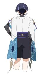  1boy armor arms_at_sides belt black_belt black_bridal_gauntlets black_hair black_shorts blue_sleeves blunt_ends bridal_gauntlets cowboy_shot cropped_legs facing_away from_behind furisode genshin_impact highres japanese_armor japanese_clothes kimono kote kurokote layered_sleeves male_focus multicolored_hair purple_hair purple_rope purple_sash retujyo4go rope sash scaramouche_(genshin_impact) short_sleeves shorts solo streaked_hair wanderer_(genshin_impact) white_background white_sleeves wolf_cut 