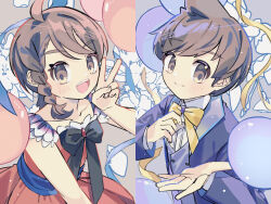  1boy 1girl :d ahoge alternate_costume black_bow black_bowtie bow bowtie braid brown_eyes brown_hair closed_mouth collarbone commentary dress eyelashes florian_(pokemon) hand_up jacket juliana_(pokemon) light_blush long_sleeves looking_at_viewer open_clothes open_jacket open_mouth pokemon pokemon_scarlet_and_violet revue_(rever_res) shirt short_hair smile teeth untranslatable_commentary upper_teeth_only v vest white_shirt yellow_bow yellow_bowtie 
