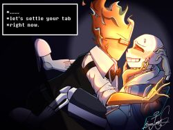  2026 2boys 2d anger_vein bartender belt black_background black_bowtie black_pants black_shorts black_vest blue_jacket bowtie collared_shirt commentary dark_background dialogue_box digital_media duo elemental_(creature) english_commentary english_text eye_contact fire_elemental flaming_head glasses gradient_background grey_socks grillby hand_on_another's_chin hands_in_pockets held_down highres hollow_eyes hood hood_down hooded_jacket humanoid jacket long_sleeves looking_at_another male male_focus male_only monster monster_boy multiple_boys no_mouth open_clothes open_jacket orange_skin pants pink_slippers pinned rectangular_eyewear sans_(undertale) shirt shorts signature single_vertical_stripe skeleton slippers socks sonojackpot striped_clothes striped_shorts sweat teeth text undead undertale utdr_(toby_fox) vertical-striped_clothes vertical-striped_shorts vest video_game_dialogue_box white_shirt white_stripes yaoi 