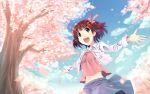  amami_haruka brown_hair cherry_blossoms green_eyes hair_ribbon highres idolmaster jacket midriff navel open_mouth outstretched_arms ribbon short_hair smile spread_arms tree yooguru 