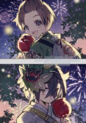  2boys :d aerial_fireworks bag black_hair brown_eyes brown_hair candy_apple commentary crossed_bangs fireworks florian_(pokemon) food green_shirt hair_between_eyes highres holding kieran_(pokemon) male_focus mask mask_on_head multiple_boys night open_mouth outdoors pokemon pokemon_scarlet_and_violet revue_(rever_res) shirt short_hair sky smile teeth untranslatable_commentary upper_teeth_only watermark yellow_eyes 