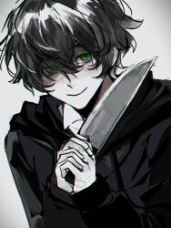  1boy bandaid bandaid_on_hand black_hair black_hoodie closed_mouth collared_shirt degrees_of_lewdity double-parted_bangs gea_ga_g green_eyes hair_between_eyes highres holding holding_knife hood hoodie kitchen_knife knife kylar_(degrees_of_lewdity) kylar_(male)_(degrees_of_lewdity) long_sleeves male_focus own_hands_clasped own_hands_together shirt short_hair simple_background sketch smile solo upper_body white_shirt 