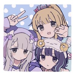  3girls animal_hood bear_hood blonde_hair blue_streaks blunt_bangs blush bow candy_hair_ornament commentary_request food-themed_hair_ornament frills futaba_anzu grey_eyes grey_hair hair_ornament highres hisakawa_nagi hood idolmaster idolmaster_cinderella_girls long_hair long_sleeves mizuna multicolored_hair multiple_girls open_mouth pajamas polka_dot polka_dot_background ponytail shiragiku_hotaru short_hair sleep_mask streaked_hair swept_bangs v violet_eyes 
