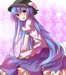 blue_hair food fruit hat highres hinanawi_tenshi long_hair nunua open_mouth peach red_eyes sitting skirt solo touhou