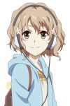  bag brown_eyes brown_hair female flower hair_flower hair_ornament hanasaku_iroha headphones highres hoodie jacket light_brown_hair matsumae_ohana oshima_(raven135) p.a._works short_hair smile solo vector_trace zelostripe 