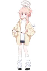 ahoge artist_request black_shoes black_skirt blue_archive breasts coat drumsticks full_body game_asset hair_between_eyes hair_bun halo holding holding_drumsticks light_blush long_sleeves looking_at_viewer loose_socks natsu_(band)_(blue_archive) natsu_(blue_archive) parted_lips pink_hair pink_halo ponytail red_eyes shirt shoes skirt small_breasts socks standing transparent_background white_shirt white_socks yellow_coat 