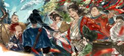  1girl 6+boys absurdres all_wishes_come_true! animal_print arm_wrap backpack bag bear270901 beard bird bird_print black_hair black_hat black_pants black_sash blue_hanfu blue_sky blue_trim blurry blurry_foreground brown_eyes brown_hair cao_guojiu_(all_wishes_come_true!) child chinese_clothes chinese_commentary closed_mouth clouds coat commentary_request dappled_sunlight day earrings facial_hair flame_print floating_hair flower flower_earrings green_hanfu green_hat green_skirt hair_bun hair_flower hair_ornament half_updo han_xiangzi_(all_wishes_come_true!) hand_fan hanfu hat hat_flower he_xiangu_(all_wishes_come_true!) high_ponytail highres holding holding_fan holding_scroll holding_smoking_pipe holding_staff instrument jewelry lan_caihe_(all_wishes_come_true!) layered_sleeves leaf_belt leaf_fan leaf_ornament long_beard long_hair long_sleeves looking_at_another lotus lv_dongbin_(all_wishes_come_true!) motion_blur multi-tied_hair multiple_boys mustache mustache_stubble necklace old old_man open_clothes open_coat open_mouth orange_sash outdoors pants pectoral_cleavage pectorals pencil_mustache pink_flower pink_hanfu pink_ribbon ponytail red_coat red_flower red_hair red_ribbon red_sash ribbon robe sash scroll sheath sheathed short_hair single_hair_bun skirt sky smile smoking_pipe staff standing stubble sunlight sword sword_on_back sword_tassel tassel tieguai_li_(all_wishes_come_true!) tree weapon weapon_on_back weapon_tassel white_hair white_hanfu wide_sleeves wind wooden_box yuanlingpao zhang_guolao_(all_wishes_come_true!) zhongli_quan_(all_wishes_come_true!) 