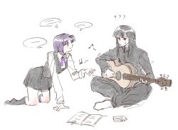  2girls araya_(project_moon) black_eyes black_hair black_socks black_track_suit blue_hair commentary_request confused full_body guitar highres instrument limbus_company long_hair looking_at_another mother_and_child mother_and_daughter multiple_girls parent_and_child playing_guitar playing_instrument pointing project_moon red_eyes ryoshu_(project_moon) school_uniform shirt short_hair simple_background sitting socks speech_bubble ssmr_rolling track_suit white_background white_shirt 