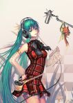  bare_shoulders boots cable checkered checkered_background colored_eyelashes detached_sleeves edenfox eyelashes flower fox green_eyes green_hair hatsune_miku headphones highres light_smile lily_(flower) lips long_hair microphone microphone_stand nail_polish pac-man_(game) pen plaid sheet_music tartan twintails very_long_hair vocaloid 