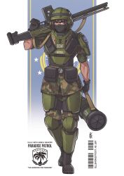  1girl absurdres armor artist_name barcode belt black_boots black_gloves boots brown_hair camouflage camouflage_jacket camouflage_pants combat_helmet commentary english_commentary english_text full_body gloves green_armor green_helmet green_jacket green_pants gun helldivers_(series) helmet highres jacket knee_pads lace-up_boots localspaghetto looking_at_viewer machine_gun mask mouth_mask multiple_scars orange_eyes over_shoulder pants plate_armor pouch rocket_launcher scar scar_on_arm seaf_soldier_(helldivers) shoulder_armor simple_background solo weapon weapon_over_shoulder 