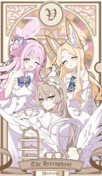  3girls angel_wings animal animal_ear_fluff animal_ears artist_name ascot bird blonde_hair blue_archive blue_ascot brown_hair capelet card_(medium) commentary dress ear_wreath english_text feathered_wings flower fox_ears fox_girl goanchor gradient_eyes hair_bun hair_flower hair_ornament halo highres holding holding_animal holding_bird long-tailed_tit long_hair looking_at_viewer looking_back low_wings mika_(blue_archive) multicolored_eyes multiple_girls nagisa_(blue_archive) one_eye_closed open_mouth pink_eyes pink_hair purple_halo roman_numeral sailor_collar seia_(blue_archive) single_side_bun sleeveless sleeveless_dress smile table tarot tarot_(medium) tea_party_(blue_archive) tea_set the_hierophant_(tarot) tiered_tray tit_(bird) trinity_general_school_logo twitter_username v white_capelet white_flower white_sailor_collar white_wings wings yellow_eyes yellow_halo 