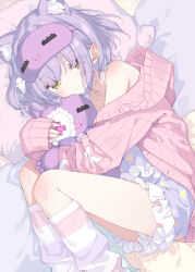  1girl animal_ear_fluff animal_ears blush cat_ears closed_mouth collarbone commentary_request crescent_print extra_ears frilled_pajamas frills ghost_hair_ornament hair_ornament highres hugging_doll hugging_object kani_biimu leg_warmers long_sleeves looking_at_viewer lying mask mask_on_head on_side pajamas pillow purple_hair purple_pajamas shinomiya_runa shinomiya_runa_(4th_costume) short_hair sleep_mask sleepwear smile solo star_(symbol) star_print striped_leg_warmers stuffed_animal stuffed_toy virtual_youtuber vspo! yellow_eyes 