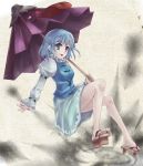  :p bare_legs blue_eyes blue_hair dtcy feet geta heterochromia karakasa_obake legs no_socks red_eyes short_hair solo tatara_kogasa toes tongue touhou umbrella 