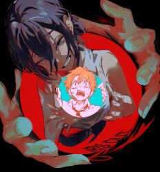  1boy 1girl 1other asasnashi black_background black_choker black_hair black_ribbon blonde_hair breasts chainsaw_man choker collared_shirt commentary denji_(chainsaw_man) green_eyes hair_between_eyes hair_bun highres holding iris_out_(song) long_hair_between_eyes neck_ribbon necktie purple_hair reze_(chainsaw_man) ribbon sharp_teeth shirt shirt_tucked_in short_hair sleeveless sleeveless_shirt smile solo teeth untranslatable_commentary white_shirt 