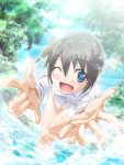  bent_over blue_eyes blush bottomless brown_hair cloud clouds dress_shirt kino kino_no_tabi panties rankei reaching shirt short_hair sky smile splash splashing tomboy tree underwear wading water wink 