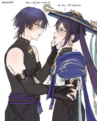  1boy 1girl adam's_apple aikanna04 aqua_eyes armor bare_shoulders belt black_belt black_bodysuit black_bow black_bridal_gauntlets black_hair black_shorts blue_gem blue_hat blue_jingasa blue_sleeves blunt_ends blush bodysuit borrowed_clothes bow bridal_gauntlets cape clothing_cutout commentary cosplay earrings english_commentary english_text eyelashes eyeliner fingernails from_side furisode gem genshin_impact gold gold_earrings hair_bow hand_on_another's_arm hand_on_another's_face hand_on_another's_stomach hat height_difference hetero highres hip_vent japanese_armor japanese_clothes jewelry jingasa kimono kote kurokote layered_sleeves long_hair looking_at_another makeup mandarin_collar mona_(genshin_impact) multicolored_hair open_mouth pom_pom_(clothes) profile purple_cape purple_hair purple_rope purple_sash red_eyeliner rope sash scaramouche_(genshin_impact) short_sleeves shorts side_cape sidelocks star_(symbol) star_earrings streaked_hair tassel tongue tongue_out tsurime twintails twitter_username violet_eyes vision_(genshin_impact) wanderer_(genshin_impact) wanderer_(genshin_impact)_(cosplay) white_background white_kimono white_sleeves white_trim wolf_cut 