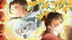  4boys age_comparison aged_down all_wishes_come_true! barefoot black_hair black_pants black_shoes blue_hanfu bottle branch brown_eyes brown_hair child chinese_clothes chinese_commentary closed_mouth clouds coat commentary_request dual_persona facial_hair floating flower from_side hair_bun hair_pulled_back half_updo hand_fan hand_up hanfu high_ponytail highres holding holding_fan lantern leaf leaf_fan long_hair long_sleeves looking_at_viewer lv_dongbin_(all_wishes_come_true!) male_focus multiple_boys multiple_views mustache_stubble pants paper_lantern parted_lips ponytail profile red_coat robe see-through_clothes see-through_veil shoes single_hair_bun sky sltangsuisui smile smoke standing stubble upper_body veil white_hanfu wide_sleeves yellow_flower zhongli_quan_(all_wishes_come_true!) 