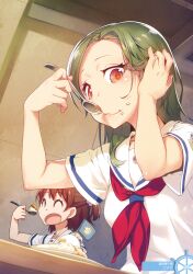  2girls absurdres adjusting_hair breasts brown_hair closed_eyes curry curry_rice eating flag food food_on_face green_hair hands_up high_school_fleet highres holding holding_spoon looking_at_viewer medium_breasts medium_hair multiple_girls neckerchief nilitsu official_art ogasawara_hikari open_mouth orange_eyes red_neckerchief rice rice_on_face sailor_collar sailor_shirt school_uniform serafuku shirt short_hair short_sleeves spoon takeda_michiru white_sailor_collar white_serafuku 