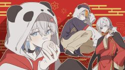  1boy alternate_costume alternate_hairstyle animal_hood animal_on_shoulder bandaid bandaid_on_face bandaid_on_nose black_collar blue_eyes chinese_clothes collar commentary double-parted_bangs dress egasumi ermine hair_between_eyes hair_bun hand_up hat highres hood hood_up iro_cloud layered_sleeves long_sleeves looking_at_animal looking_at_viewer male_focus mandarin_collar maximizer multiple_views ofuda ofuda_on_head outline panda_hood pankou pants parted_hair qingdai_guanmao qipao red_background seigaiha short_over_long_sleeves short_sleeves simple_background skoshism sleeves_past_fingers sleeves_past_wrists smile squatting sweatpants untranslatable_commentary utaite virtual_youtuber weasel white_hair white_outline wide_sleeves xiaolongbao yellow_pants 