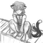  animal_ears barefoot cat_pose chen claws earrings feet hat highres jewelry kuro_suto_sukii long_toenails monochrome multiple_tails paw_pose short_hair sketch solo tail toenails toes touhou 