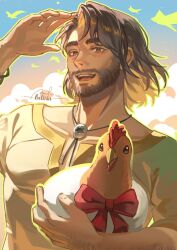  1boy animal arm_hair arm_up beard betina_mascenon bird bolo_tie bow bracelet brown_eyes brown_hair chicken commentary curtained_hair english_commentary facial_hair fields_of_mistria floating_hair gold_trim hayden_(fields_of_mistria) holding holding_animal holding_bird jewelry male_focus medium_hair open_mouth red_bow shirt signature solo teeth thick_eyebrows tongue upper_body upper_teeth_only white_shirt 