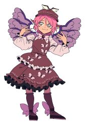 1girl animal_ears bird_ears bird_wings black_shoes bow bowtie brown_dress brown_eyes brown_hat brown_shoes collared_shirt commentary_request dress fingernails frilled_dress frills full_body green_nails hat highres long_fingernails long_sleeves mystia_lorelei orange555_555 pinafore_dress pink_bow pink_bowtie pink_hair sharp_fingernails shirt shoes simple_background sleeveless sleeveless_dress solo touhou white_background white_shirt winged_hat winged_shoes wings 