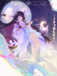  1girl ankle_strap arm_strap aruruyvk bare_shoulders barefoot black_hair blue_dress blue_sky blunt_bangs bow bowtie closed_eyes closed_mouth colored_inner_hair columbina_(genshin_impact) commentary crescent_moon dress english_commentary eye_mask feathered_wings floating_hair flying full_body full_moon genshin_impact gradient_hair hair_ornament hair_tubes hands_up head_wings highres holding holding_stick long_hair long_sleeves mask moon moon_phases multicolored_hair multiple_wings night off-shoulder_dress off_shoulder outdoors purple_dress purple_hair sidelocks sky solo star_(sky) star_trail starry_sky stick thigh_strap two-tone_dress two-tone_hair very_long_hair white_bow white_bowtie white_mask wide_sleeves wings wrist_bow x_hair_ornament 