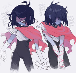  1other androgynous armor black_bodysuit blue_hair blue_skin bodysuit bound bound_arms bound_wrists cape colored_skin corogarucoromo deltarune dual_persona grin highres holding holding_sword holding_weapon kris_(dark_world)_(deltarune) kris_(deltarune) looking_to_the_side open_mouth other_focus red_cape restrained shaded_face short_hair simple_background sleeveless sleeveless_bodysuit smile sword teeth utdr_(toby_fox) weapon white_background 