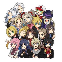  6+boys 6+girls :3 balthier balthier_(fashionable_and_free) black_hair blonde_hair bouquet bow bowtie brown_hair clive_rosfield clive_rosfield_(hellfire_jacket) cloud_strife cloud_strife_(urban_wolf) commentary_request dissidia_duellum_final_fantasy dissidia_final_fantasy final_fantasy final_fantasy_i final_fantasy_ii final_fantasy_iii final_fantasy_iv final_fantasy_ix final_fantasy_v final_fantasy_vi final_fantasy_vii final_fantasy_viii final_fantasy_x final_fantasy_xi final_fantasy_xii final_fantasy_xiii final_fantasy_xiv final_fantasy_xv final_fantasy_xvi firion firion_(exotic_wanderer) gaia_(artemis_gothic_dress)_(ff14) gaia_(ff14) hat hat_over_eyes hcsb highres holding holding_bouquet index_finger_raised iroha_(chic_waistcoat)_(ff11) iroha_(ff11) jacket jewelry kain_highwind kain_highwind_(casual_dragoon) krile_mayer_baldesion_(ff5) krile_mayer_baldesion_(out_and_about)_(ff5) lightning_farron lightning_farron_(modern_jacket) looking_at_viewer multiple_boys multiple_girls necklace necktie official_alternate_costume onion_knight onion_knight_(knight_in_shining_streetwear) pink_hair prompto_argentum prompto_argentum_(friendly_photographer) rikku_(ff10) rikku_(pop_star)_(ff10) rinoa_heartilly rinoa_heartilly_(student_sorceress) scarf sideburns smile suit terra_branford terra_branford_(school_cardigan) upper_body v warrior_of_light_(ff1) warrior_of_light_(twilight_overcoat)_(ff1) white_hair zidane_tribal zidane_tribal_(vacationing_thief) 