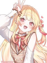  1girl :d absurdres arm_up arm_warmers black_sailor_collar blonde_hair blush commentary_request dress grey_dress hair_ornament heart highres hololive hololive_dev_is looking_at_viewer manyokobo musical_note musical_note_hair_ornament neck_ribbon otonose_kanade otonose_kanade_(1st_costume) plaid_clothes plaid_dress red_eyes red_ribbon ribbon sailor_collar simple_background smile solo twitter_username upper_body v virtual_youtuber white_arm_warmers white_background 