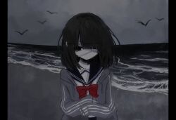  1girl beach black_eyes black_hair blue_sailor_collar blunt_bangs bob_cut bow bowtie collarbone colored_skin drawstring empty_eyes expressionless eyepatch grey_jacket grey_sky hair_over_eyes hood hood_down hooded_jacket horizon jacket medical_eyepatch medium_hair muted_colors noroi_(rnatataki) ocean original outdoors outside_border overcast pillarboxed red_bow red_bowtie sailor_collar sand school_uniform serafuku shirt simple_bird sky solo track_jacket unzipped white_shirt white_skin 