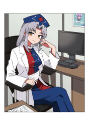  1girl blue_dress blush border breasts chair closed_mouth commentary_request computer_mouse constellation_print contemporary cross cross_print crossed_legs desk dress feet_out_of_frame grey_hair hat head_tilt highres indoors kv-san lab_coat lapels long_hair long_sidelocks long_sleeves looking_at_viewer medium_breasts monitor nurse_cap office_chair parted_bangs poster_(object) print_hat red_cross red_dress reisen_udongein_inaba sash sidelocks sitting smile solo split_mouth swivel_chair touhou two-tone_dress white_border white_sash yagokoro_eirin yellow_eyes 