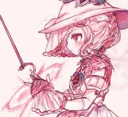  1girl blonde_hair braid closed_mouth commentary_request dress hat hat_feather holding holding_weapon iipoyo_(364poyo) magical_girl mahou_shoujo_ikusei_keikaku mahou_shoujo_ikusei_keikaku_breakdown medium_hair miss_margarite pink_background red_eyes weapon 
