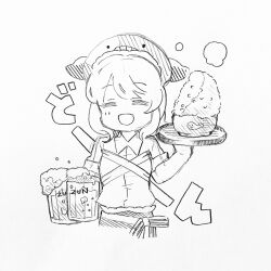  1girl :d =_= alcohol animal_hat beer beer_mug bowl collared_shirt commentary_request cup facing_viewer greyscale hat highres hiyoi_(kasasagi07) holding holding_cup holding_tray lotus_eaters medium_hair monochrome mug okunoda_miyoi open_mouth rice shirt short_sleeves simple_background smile solo steam touhou translation_request tray upper_body white_background 