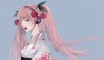 cherry food fruit hatsune_miku headphones highres japanese_clothes kimono long_hair pink_eyes pink_hair sakura_miku solo twintails vocaloid yu_(kongxiang) 
