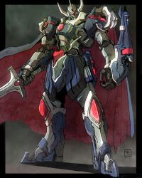  absurdres arm_mounted_weapon artist_name black_border blue_cape border cape commentary_request floating_cape full_body gem grey_background highres holding holding_sword holding_weapon horns legs_apart looking_at_viewer mecha mecha_focus mechanical_horns moyan no_humans orange_eyes original outside_border red_cape red_gem robot science_fiction seal_impression simple_background standing super_robot sword twitter_username two-sided_cape two-sided_fabric weapon 