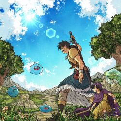  2boys belt_pouch black_eyes black_facial_hair black_hair blue_sky boots bracelet cape cloak clouds commentary_request creature day dragon_quest dragon_quest_v facial_hair father_and_child father_and_son fur-trimmed_kilt grass hero_(dq5) highres holding holding_stick injury jewelry lens_flare medium_hair multiple_boys mustache necklace open_mouth outdoors papas parent_and_child ponytail pouch purple_cape purple_cloak purple_turban sheath sheathed shoes short_hair sky sleeveless_tunic slime_(creature) slime_(dragon_quest) stick sun sword tooth_necklace toriga transparent tree tunic turban weapon 