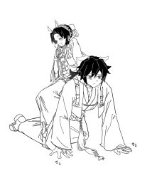  1boy 1girl all_fours alternate_costume animal_ears blush_stickers bow breasts closed_eyes closed_mouth commentary dntdjqhqtpgkgk fake_animal_ears full_body greyscale hair_bow hairband happy hetero highres holding holding_leash horse_ears japanese_clothes kimetsu_no_yaiba kimono kochou_shinobu leash long_hair long_sleeves monochrome open_mouth shoes short_hair simple_background sitting sitting_on_person sketch small_breasts tomioka_giyuu untranslatable_commentary white_background wide_sleeves 