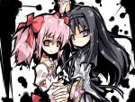  akemi_homura black_hair blush choker domon_kasshu g_gundam gloves gundam hairband kaname_madoka long_hair magical_girl mahou_shoujo_madoka_magica multiple_girls parody pink_eyes pink_hair puffy_sleeves purple_eyes r_85 rain_mikamura sekiha_love-love_tenkyoken shield short_twintails twintails violet_eyes white_gloves yuri 