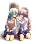  blue_hair blush bow bows closed_eyes contemporary eyes_closed fujiwara_no_mokou kamishirasawa_keine kneeling man_arihred open_clothes open_shirt red_eyes ribbon school_uniform shirt silver_hair skirt sweater touhou white_hair yuri 